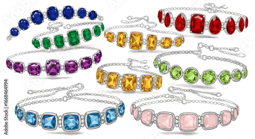 A collection of colorful gemstone bracelets with silver chains displayed in an artistic arrangement