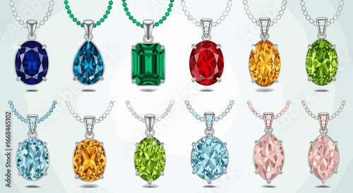 Collection of twelve gemstone pendants with silver chains in various colors and shapes displayed neatly