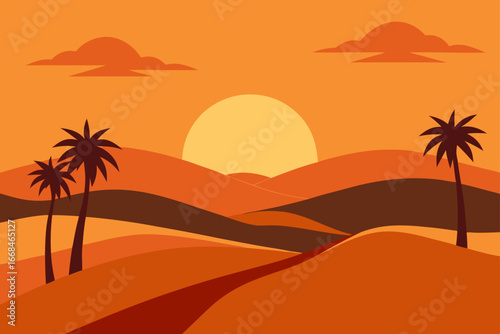 Illustration of desert landscape with palm trees