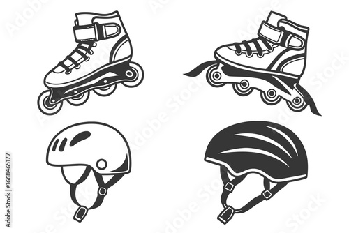 Inline Skates and Protective Helmets Vector Icons.