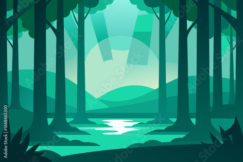 Illustration of a forest with light shining through