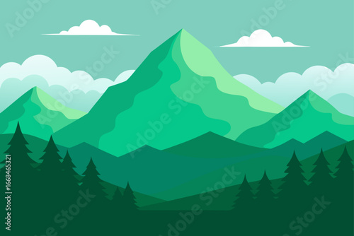 Illustration of mountains with trees and clouds