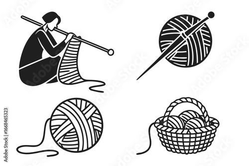 Knitting Hobby Icons Person Yarn Balls and Basket.