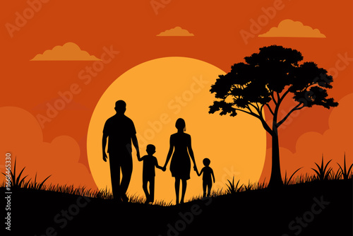 Silhouette family walking at sunset with tree view