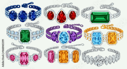 Collection of nine gemstone bracelets in various colors and styles on a white background