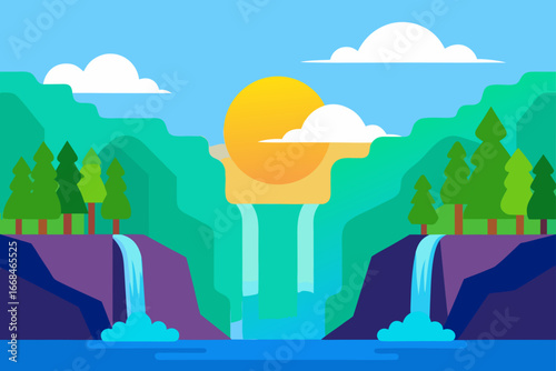 Scenic landscape with waterfalls and mountain view