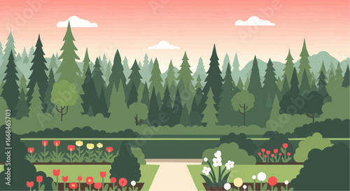 A stylized vector illustration of a beautiful park garden with a path leading into a dense evergreen forest at sunset.