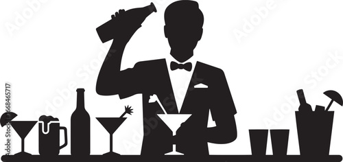 Silhouette of Bartender Mixing Drinks with Glasses and Bottles on Counter Vector