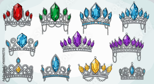 Collection of ten ornate crowns with various colored jewels and intricate silver detailing displayed