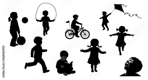 Silhouettes of children playing various outdoor games against a white background