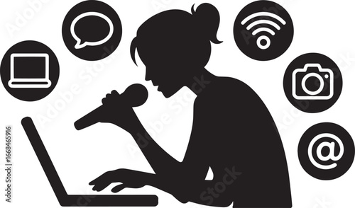 Silhouette of Woman Using Laptop and Microphone with Communication Icons on Clear Backdrop