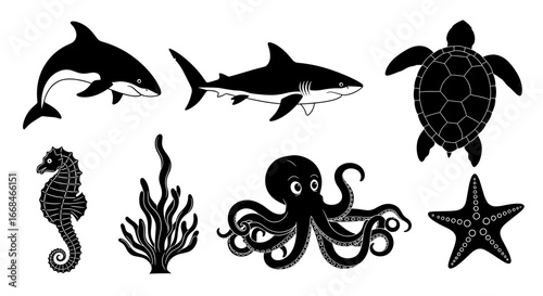 Sea Life Collection: Black and White Vector Illustration of Ocean Animals