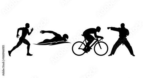 Diverse sports silhouettes showing running, swimming, cycling, and martial arts.