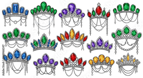 Collection of fifteen ornate crowns with various colored gems and dangling chain details in a detailed illustration