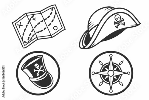 Pirate Treasure Map and Compass Icons.