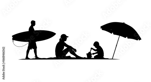 Silhouette of Summer: Family at the Beach with Surfing