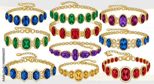 A collection of nine gold bracelets adorned with various colored gemstones in different shapes and sizes