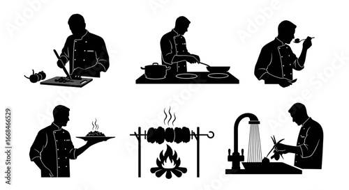 Chef Culinary Silhouette Set: Food Preparation and Service Visuals