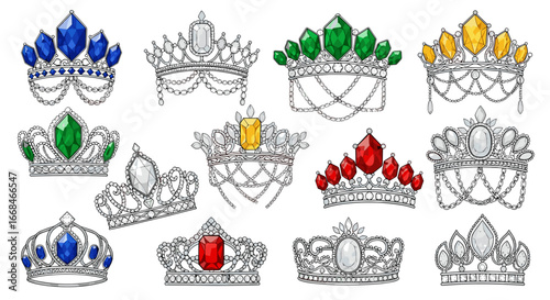 Collection of ornate crowns with colorful gemstones and intricate silver detailing on a white background