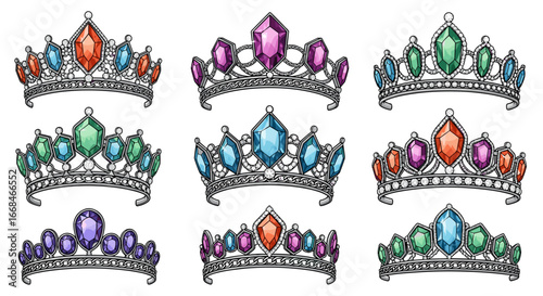 Collection of nine ornate crowns adorned with colorful gemstones and intricate silver detailing design art