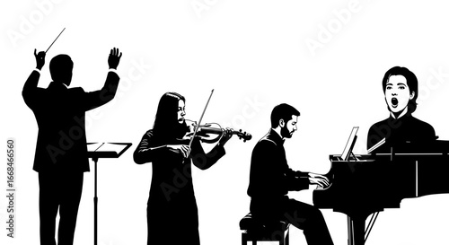Orchestral Musicians: Conductor, Violinist, Pianist, and Vocalist in Silhouette Style