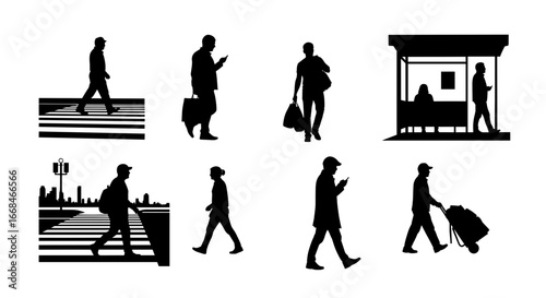 Silhouettes of Diverse Pedestrians in Various Urban Settings