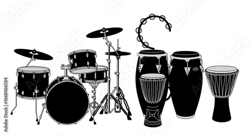 Black and white drums and percussion instruments isolated against white
