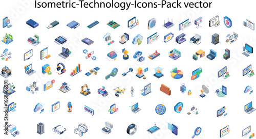  vector set of isometric icons representing technology, networking, computers, cybersecurity, and data concept