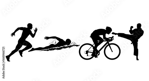 Triathlon Silhouette: Runner, Swimmer, Cyclist, and Martial Artist in Dynamic Black