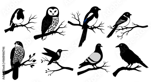 Eight Different Bird Species Silhouettes Perched On Bare Branches