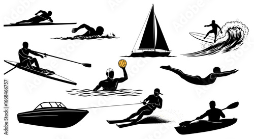 Aquatic Sports and Recreational Activities Black Silhouettes on White Background