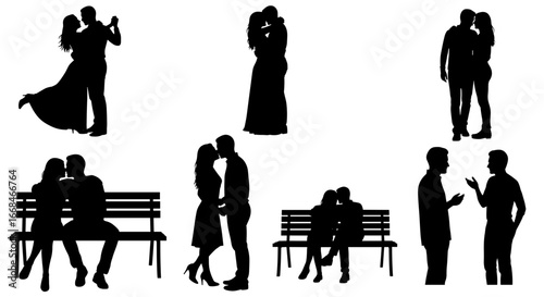 Silhouetted couples sharing romantic moments: Dancing, kissing, embracing, and conversing