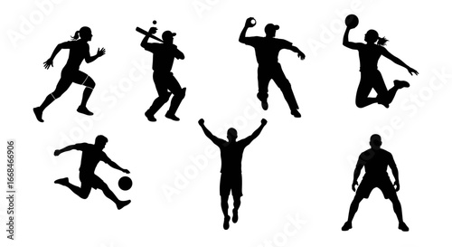 Diverse sports silhouettes on white background showcasing activity and athleticism