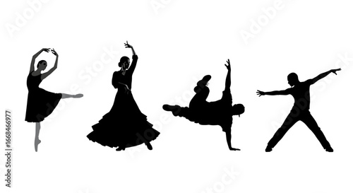 Diverse Dancing Styles Showcased in Silhouette against a White Background