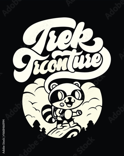 T-shirt Design for a Whimsical Raccoon Trekkers Adventure Illustration Retro Style Design for Outdoor Enthusiasts and Nature Lovers Trek Trekonture Creative Apparel Graphic