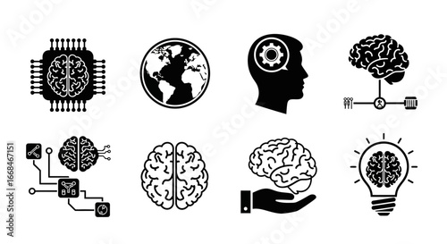 Collection of eight vector icons depicting brain, technology, and intelligence concepts in black and white.