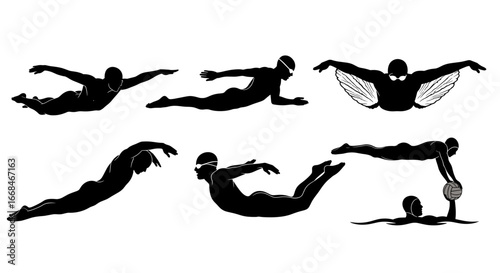 Swimmer Silhouettes: Diverse Aquatic Poses in Black and White
