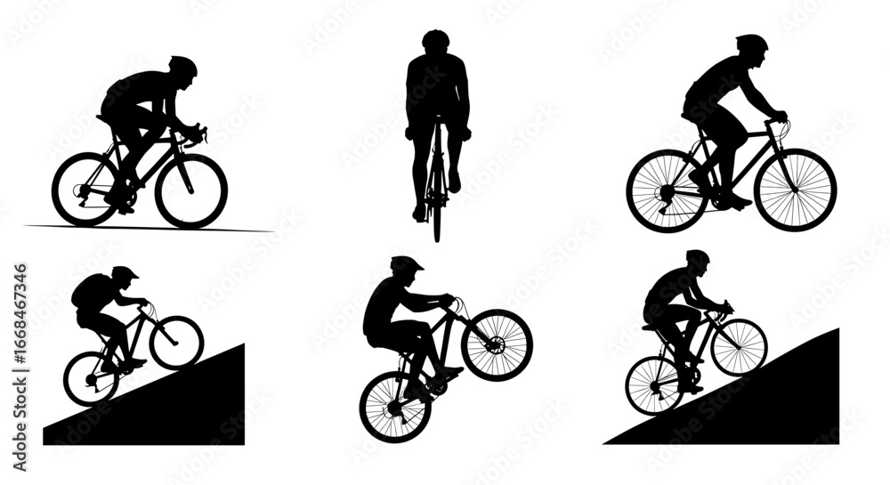 Obraz premium Cyclist Silhouettes Variety Showcasing Biking Styles and Positions