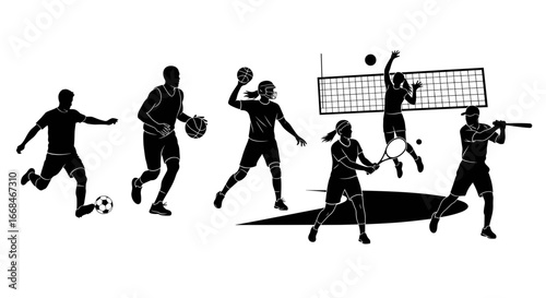 Diverse sports silhouettes showcasing athletic skill, fitness, and competition on white background