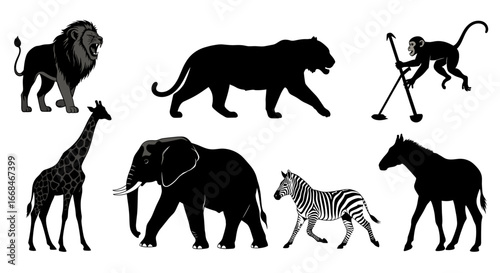 Wildlife Silhouettes: African Animals in Black and White Illustration