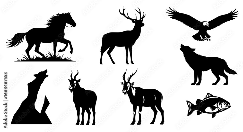 Fototapeta premium Wildlife Animal Silhouettes: Horse, Deer, Eagle, Wolf, Mountain Goat and Fish