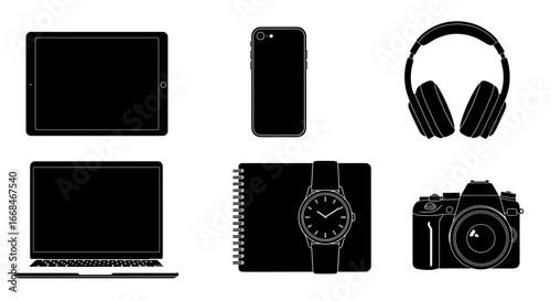 Black and white silhouette of digital gadgets and personal accessories
