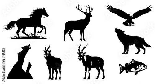 Wildlife Animal Silhouettes: Horse, Deer, Eagle, Wolf, Mountain Goat and Fish