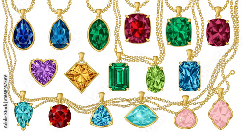 Assorted gemstone pendants hanging from delicate gold chains in a variety of shapes and colors