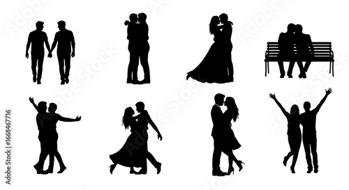 Silhouette illustrations of couples showing love, happiness, and togetherness