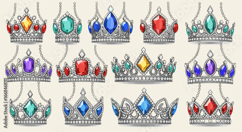 Collection of twelve ornate crowns adorned with colorful gems and intricate silver filigree designs displayed