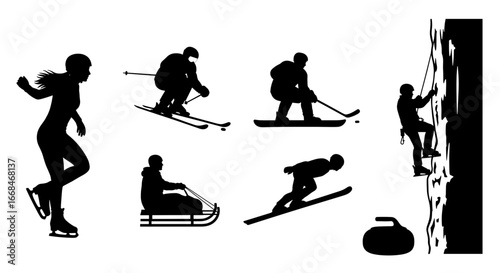 Silhouetted Winter Sports Collection: Ice Skating, Skiing, Climbing, and More