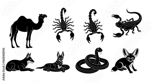 Black silhouettes showcase various desert animals in a clean composition