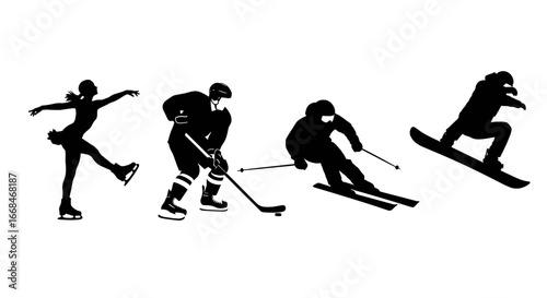 Dynamic winter sports athlete silhouettes in black and white showcase the action.