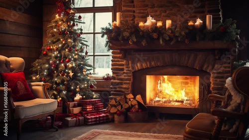 Christmas cozy interior with tree and fireplace